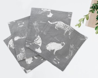 Cats Cloth Napkins, Kitchen Linens, Lunch or Cocktail Napkins, Grey and white cotton fabric - set of 4 - 7.5" x 7.5"