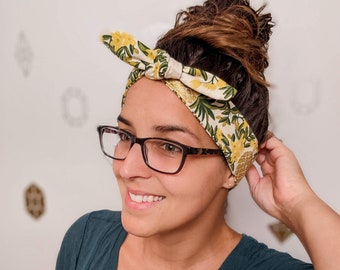 Golden Pineapple Headband - Turban - Yellow, Green and Gold floral design fabric