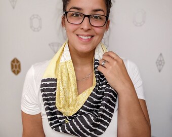 Lemon Infinity Patchwork Scarf, Yellow, black and white tube scarf with various prints