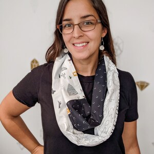 Lama Infinity Patchwork Scarf, Black and white cotton fabric scarf, neutral tube scarf with print image 1