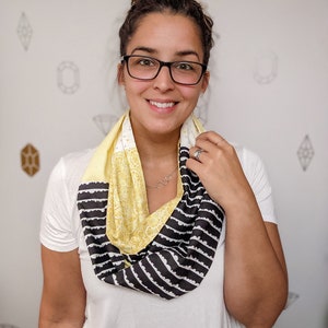 Lemon Infinity Patchwork Scarf, Yellow, black and white tube scarf with various prints image 1