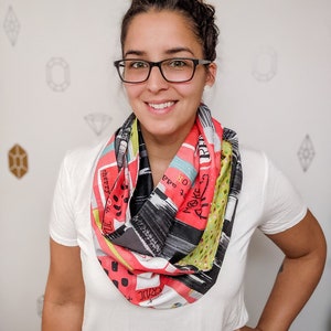 Artistic Infinity Patchwork Scarf, Red, white, black and green cotton fabric with brush strokes design and paint supplies perfect for artist image 1