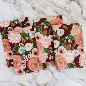 Garden party Cloth Napkins, Table Linen, Burgundy, Pink, Green and blue floral Dinner Napkins set of 4 18 X 18 image 1