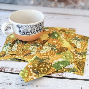 Forest Cloth Napkins, Kitchen Linens, Lunch or Cocktail Napkins, Sitting Kitties yellow and green fabric set of 4 7.5 x 7.5 image 2