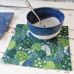 Forest Cloth Napkins, Kitchen Linens, Lunch or Cocktail Napkins, Sitting Kitties green and blue fabric set of 4 7.5 x 7.5 image 2