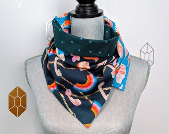 Social Rainbow Infinity Patchwork Scarf - Blue, Pink and Green - Birds, rainbows, flowers and phones print fabric scarf - 2 buttons scarf