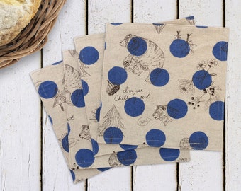 Bear Cloth Napkins, Kitchen Linens, Lunch or Cocktail Napkins, Blue Polka dot on beige fabric - set of 4 - 7.5" x 7.5"