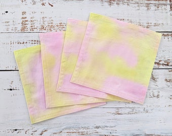 Sunset Tie dye Cloth Napkins, Kitchen Linens, Lunch or Cocktail Napkins, Yellow and Pink fabric - set of 4 - 7.5" x 7.5"