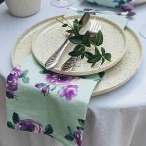 Roses Cloth Napkins Kitchen Linens Flower Bloom Dinner Napkins Mint Green and Purple set of 4 18 x 18 image 1