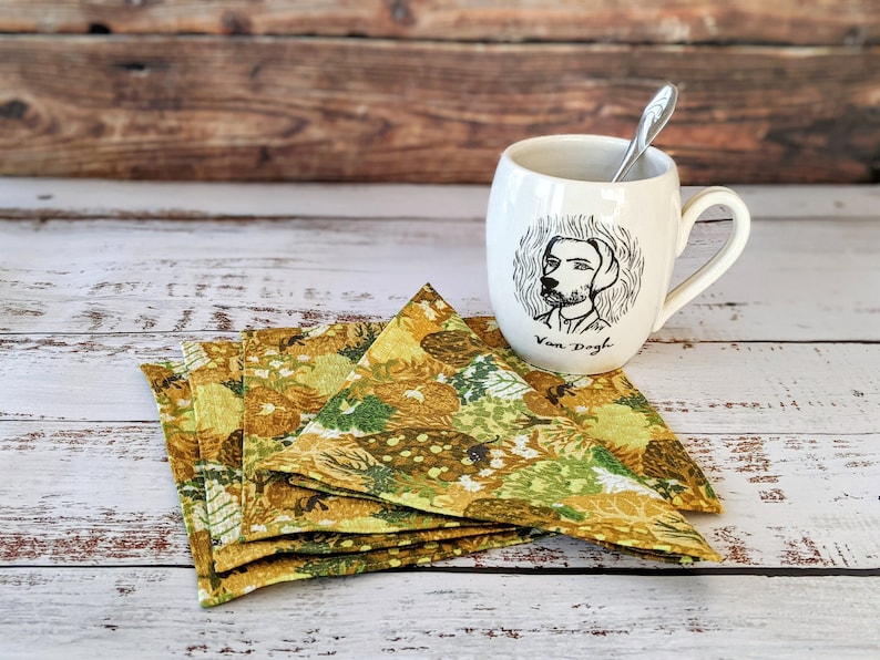 Forest Cloth Napkins, Kitchen Linens, Lunch or Cocktail Napkins, Sitting Kitties yellow and green fabric set of 4 7.5 x 7.5 image 1