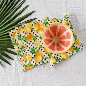 Citrus Cloth Napkins, Kitchen Linens, Lunch or Cocktail Napkins, Yellow Lemons on white and black polka dots fabric set of 4 7.5 x 7.5 image 2