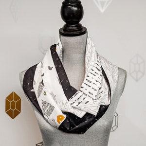 Lama Infinity Patchwork Scarf, Black and white cotton fabric scarf, neutral tube scarf with print image 3