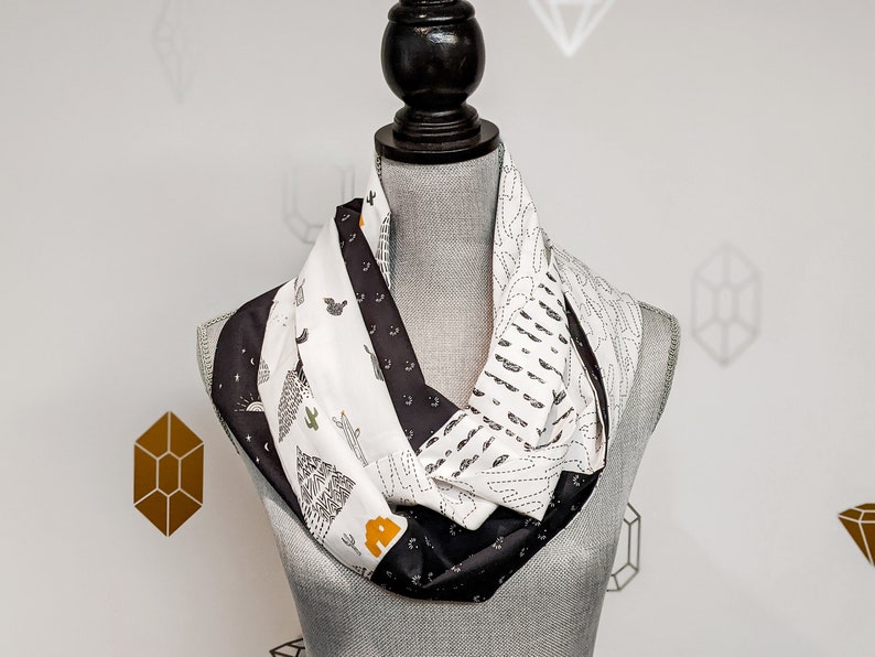 Lama Infinity Patchwork Scarf, Black and white cotton fabric scarf, neutral tube scarf with print image 3