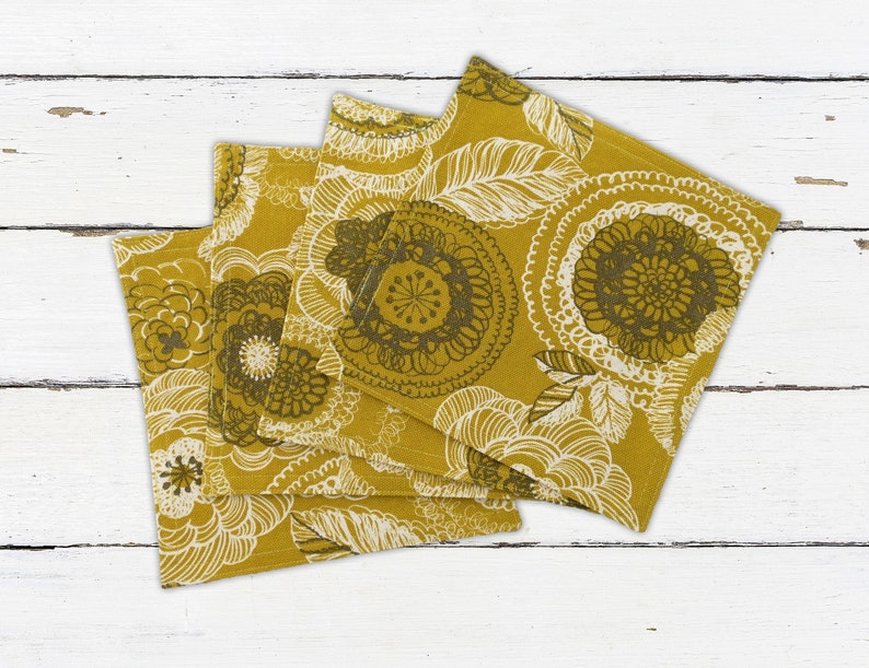 Nordic Flowers Cloth Napkins, Table Linen, Yellow lunch or cocktail Napkins, Yellow, white and brown cotton, set of 4 7.5 x 7.5 image 1