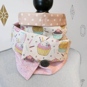 50% off FINAL SALE / Cupcakes Patchwork Infinity Scarf Baker Pink and Beige Cotton scarf 2 Buttons image 4