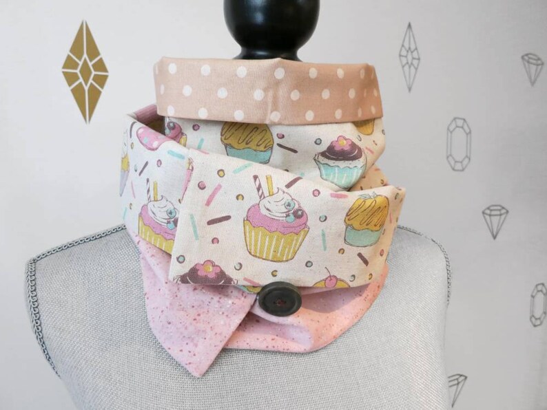 50% off FINAL SALE / Cupcakes Patchwork Infinity Scarf Baker Pink and Beige Cotton scarf 2 Buttons image 4