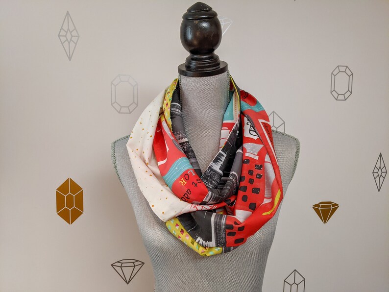 Artistic Infinity Patchwork Scarf, Red, white, black and green cotton fabric with brush strokes design and paint supplies perfect for artist image 6