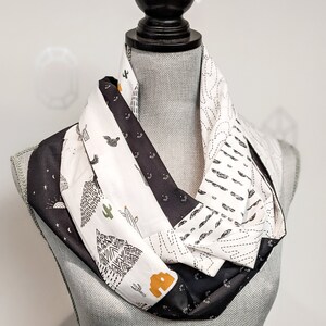 Lama Infinity Patchwork Scarf, Black and white cotton fabric scarf, neutral tube scarf with print image 2