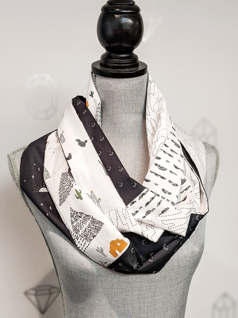 Lama Infinity Patchwork Scarf, Black and white cotton fabric scarf, neutral tube scarf with print image 2