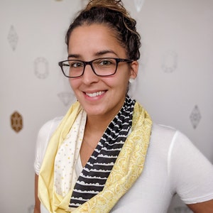 Lemon Infinity Patchwork Scarf, Yellow, black and white tube scarf with various prints image 3