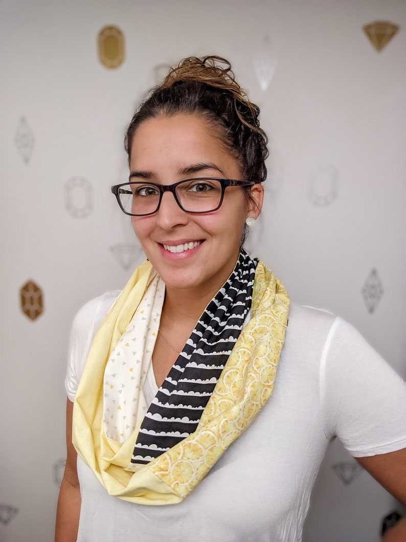 Lemon Infinity Patchwork Scarf, Yellow, black and white tube scarf with various prints image 3