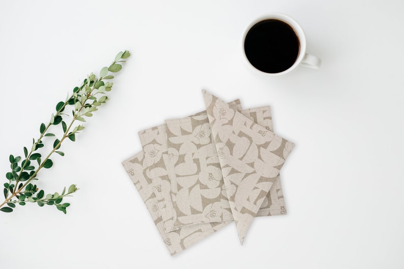 Beige Floral Cloth Napkins, Kitchen Linens, Lunch or Cocktail Napkins, Geometric Floral Linen and Cotton Fabric set of 4 7.5 x 7.5 image 1