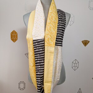Lemon Infinity Patchwork Scarf, Yellow, black and white tube scarf with various prints image 6