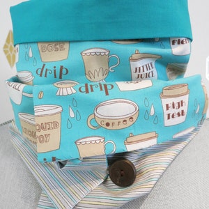 Coffee Addict Patchwork Infinity Scarf Turquoise blue, Beige and Brown Cotton Scarf with 2 buttons image 5