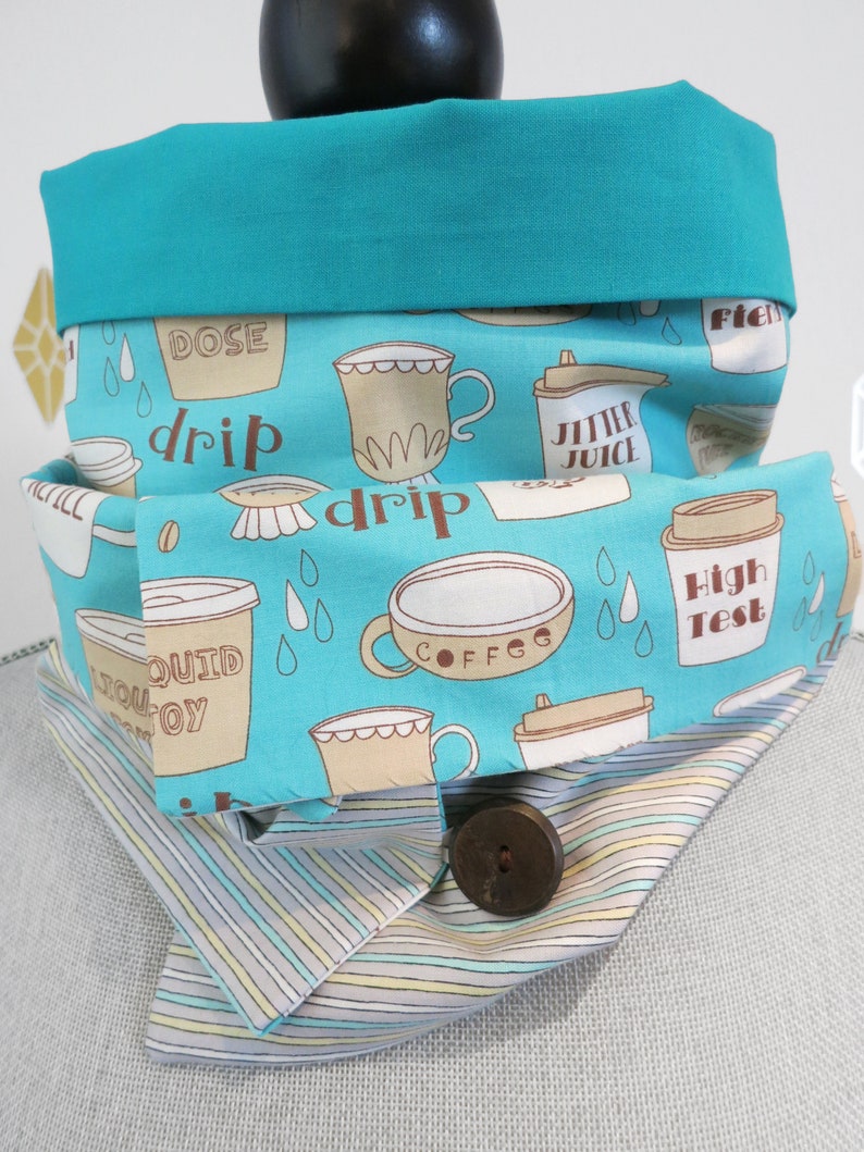 Coffee Addict Patchwork Infinity Scarf Turquoise blue, Beige and Brown Cotton Scarf with 2 buttons image 5