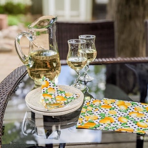 Citrus Cloth Napkins, Kitchen Linens, Lunch or Cocktail Napkins, Yellow Lemons on white and black polka dots fabric set of 4 7.5 x 7.5 image 4