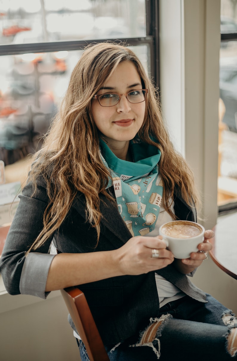 Coffee Addict Patchwork Infinity Scarf Turquoise blue, Beige and Brown Cotton Scarf with 2 buttons image 2