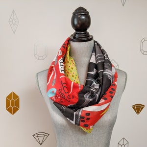 Artistic Infinity Patchwork Scarf, Red, white, black and green cotton fabric with brush strokes design and paint supplies perfect for artist image 5