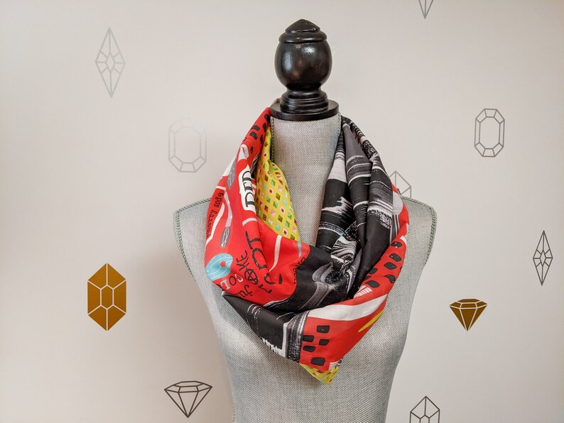 Artistic Infinity Patchwork Scarf, Red, white, black and green cotton fabric with brush strokes design and paint supplies perfect for artist image 5