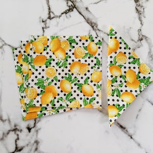 Citrus Cloth Napkins, Kitchen Linens, Lunch or Cocktail Napkins, Yellow Lemons on white and black polka dots fabric set of 4 7.5 x 7.5 image 5