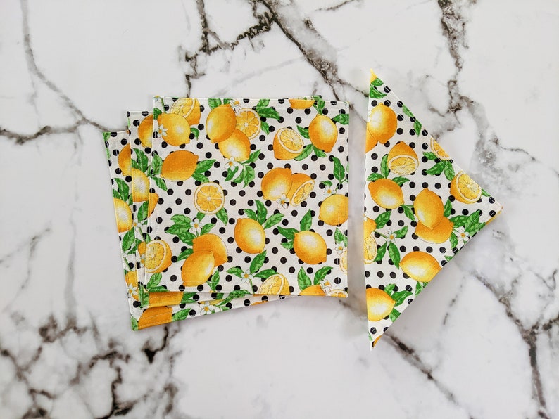 Citrus Cloth Napkins, Kitchen Linens, Lunch or Cocktail Napkins, Yellow Lemons on white and black polka dots fabric set of 4 7.5 x 7.5 image 5