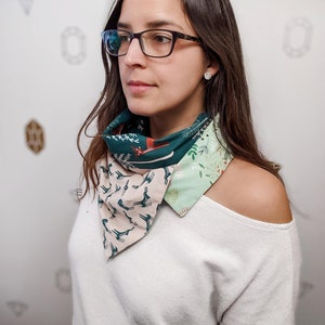 Bunny Patchwork Infinity Scarf, Beautiful floral fabrics with bunnies and deers, Green and beige 2 buttons scarf image 2