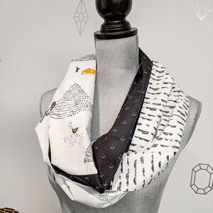 Lama Infinity Patchwork Scarf, Black and white cotton fabric scarf, neutral tube scarf with print image 4