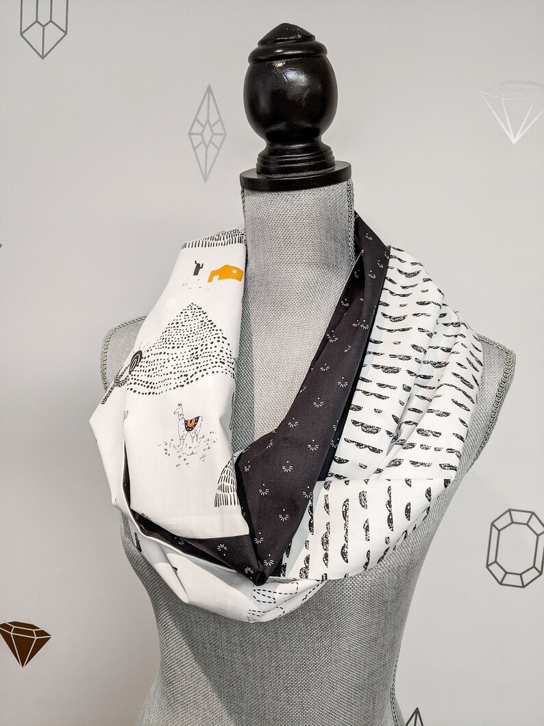 Lama Infinity Patchwork Scarf, Black and white cotton fabric scarf, neutral tube scarf with print image 4