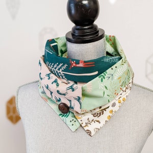 Bunny Patchwork Infinity Scarf, Beautiful floral fabrics with bunnies and deers, Green and beige 2 buttons scarf image 6