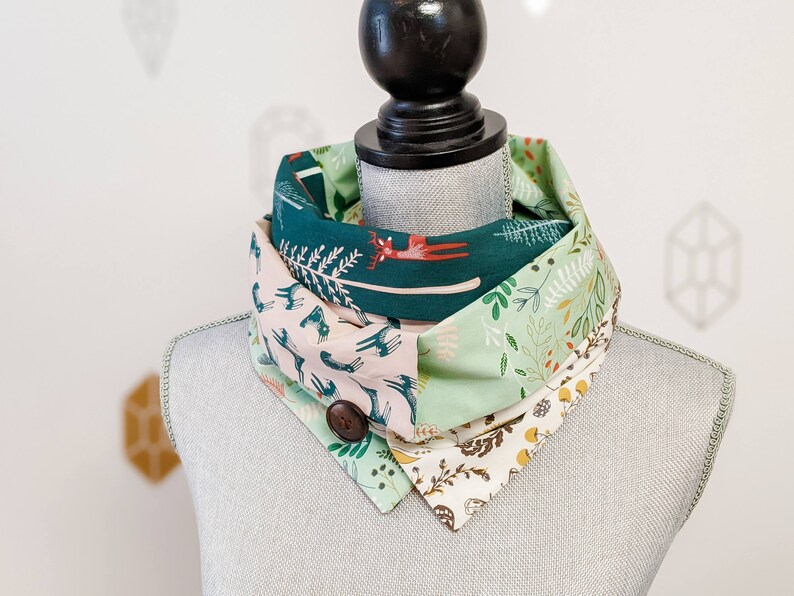 Bunny Patchwork Infinity Scarf, Beautiful floral fabrics with bunnies and deers, Green and beige 2 buttons scarf image 6