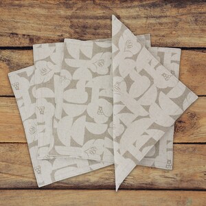 Beige Floral Cloth Napkins, Kitchen Linens, Lunch or Cocktail Napkins, Geometric Floral Linen and Cotton Fabric set of 4 7.5 x 7.5 image 2