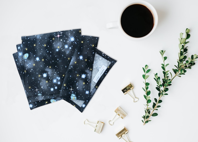 Space Cloth Napkins, Kitchen Linens, Lunch or Cocktail Napkins, Celestial Stars black fabric set of 4 7.5 x 7.5 image 1