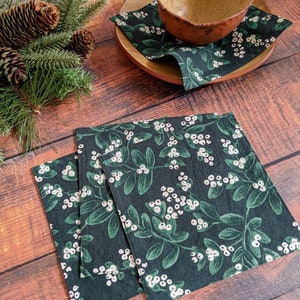 Mistletoe Cloth Napkins, Kitchen Linens, Lunch or Cocktail Napkins, Christmas cotton and linen fabric set of 4 7.5 x 7.5 image 2