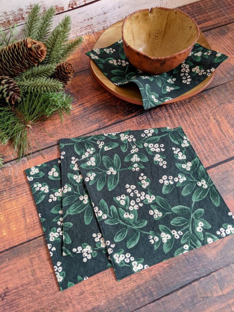 Mistletoe Cloth Napkins, Kitchen Linens, Lunch or Cocktail Napkins, Christmas cotton and linen fabric set of 4 7.5 x 7.5 image 2