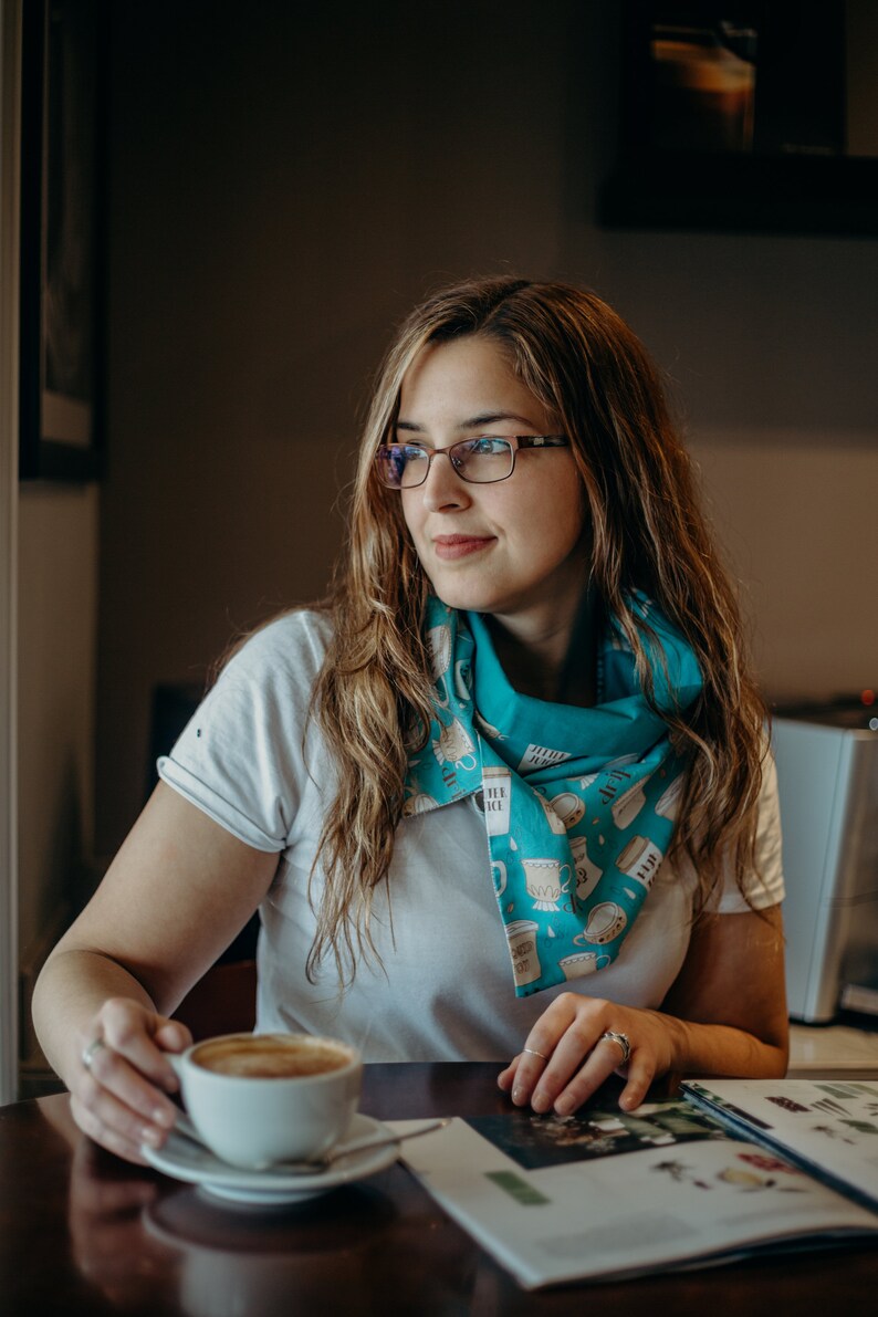 Coffee Addict Patchwork Infinity Scarf Turquoise blue, Beige and Brown Cotton Scarf with 2 buttons image 3