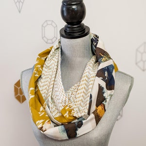 Aztec Infinity Patchwork Scarf, cotton fabric scarf, Mustard Yellow, Blue, beige, white and rust fabrics image 7
