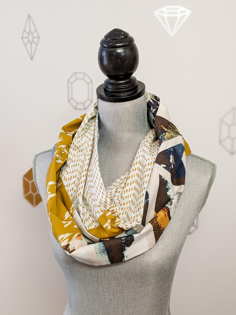 Aztec Infinity Patchwork Scarf, cotton fabric scarf, Mustard Yellow, Blue, beige, white and rust fabrics image 7