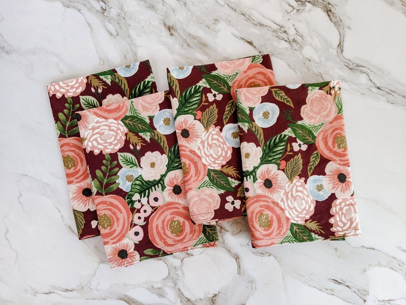 Garden party Cloth Napkins, Table Linen, Burgundy, Pink, Green and blue floral Dinner Napkins set of 4 18 X 18 image 1