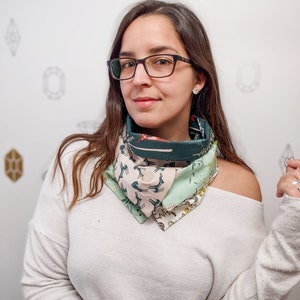 Bunny Patchwork Infinity Scarf, Beautiful floral fabrics with bunnies and deers, Green and beige 2 buttons scarf image 4
