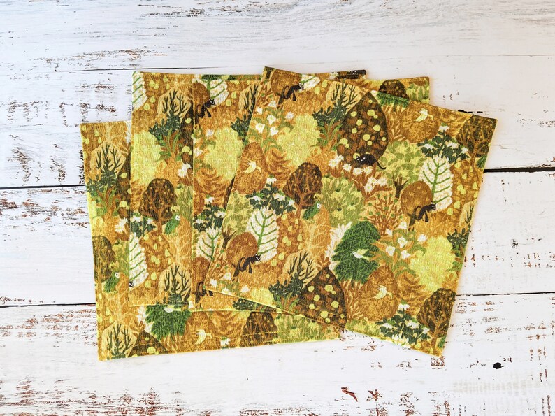 Forest Cloth Napkins, Kitchen Linens, Lunch or Cocktail Napkins, Sitting Kitties yellow and green fabric set of 4 7.5 x 7.5 image 3